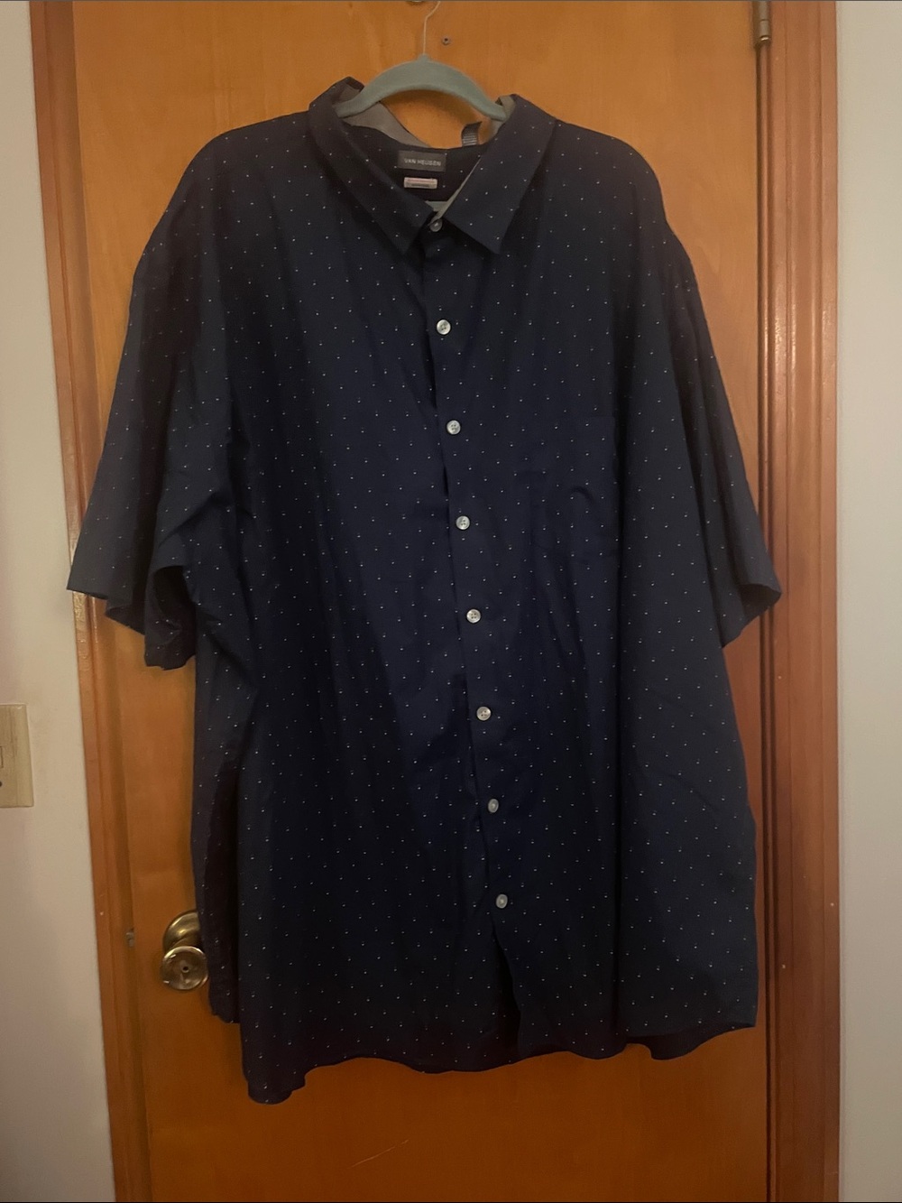 Men’s Navy Short-Sleeve Button-Down with Micro Dot Print